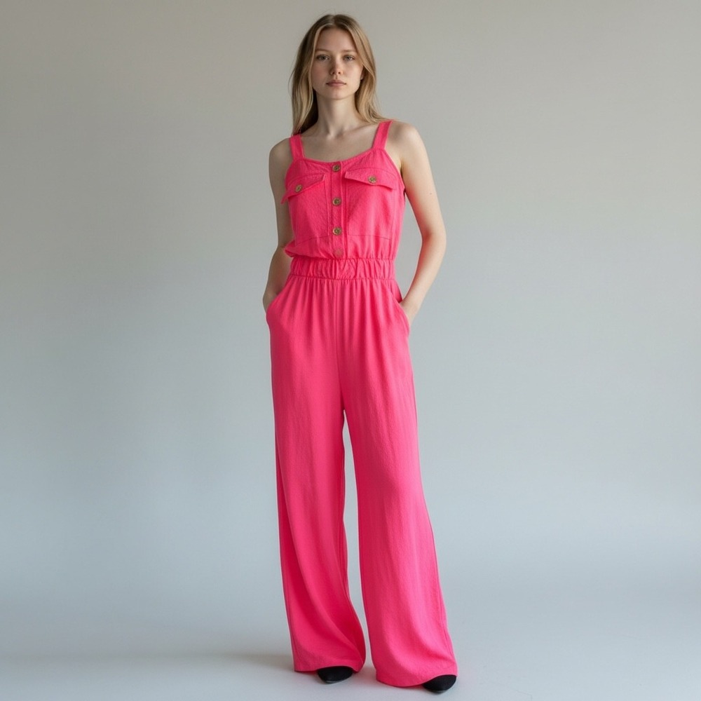Cake Jumpsuit Womens M Neon Pink Wide Leg Button Front Pocket Y2K Barbie core